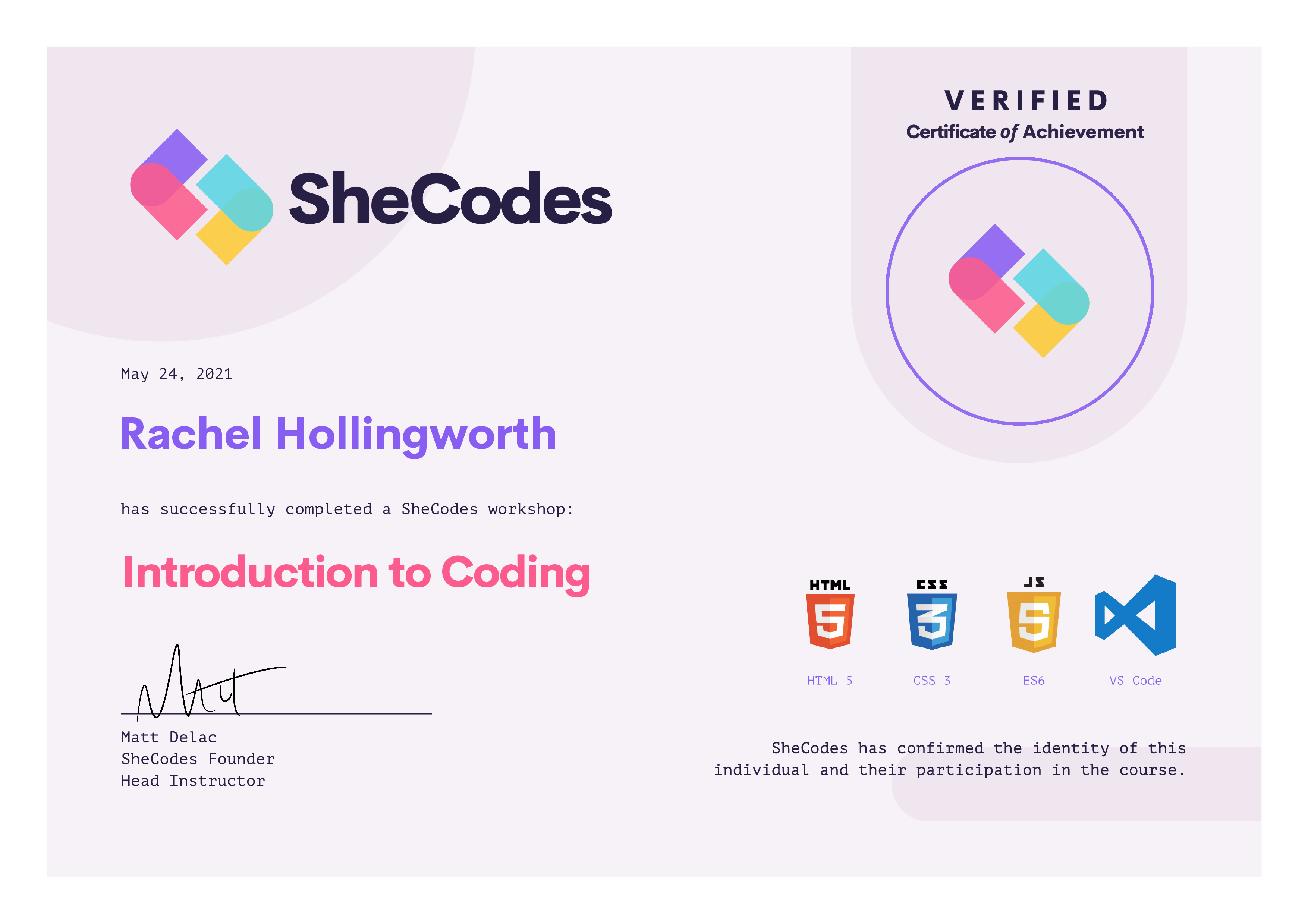 Intro to Coding certificate