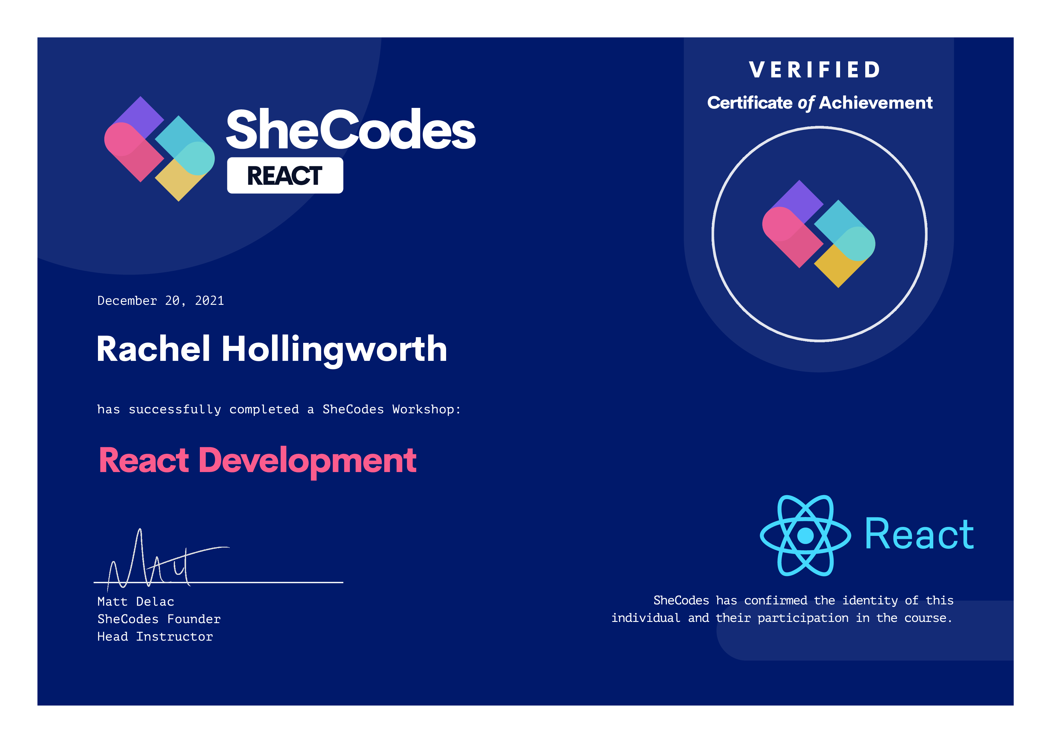 React development certificate
